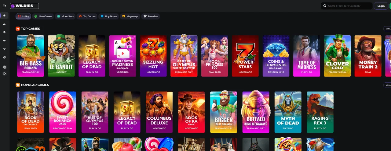 Wildies casino lobby with top games, popular slots and provider navigation